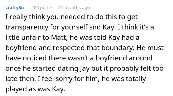 Reddit comment discussing a misunderstanding involving a woman's handsome crush due to a lie about a boyfriend.