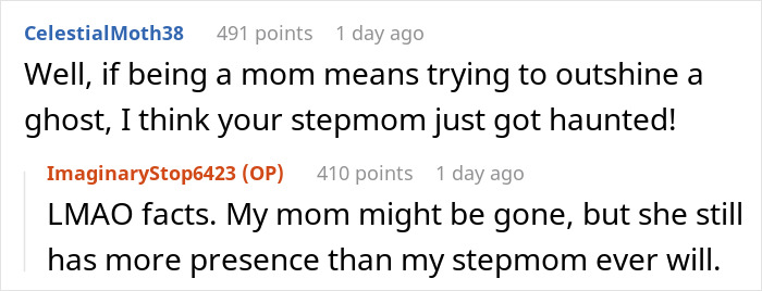 Comments discussing stepmom's presence compared to biological mom, with humor and a reality check.