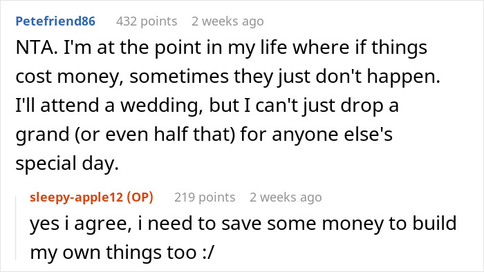 Reddit conversation discussing bridesmaid fee and wedding costs.
