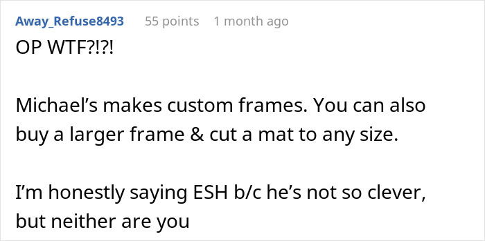 Comment about artwork after boyfriend's fix, suggesting custom frames and criticizing both involved.