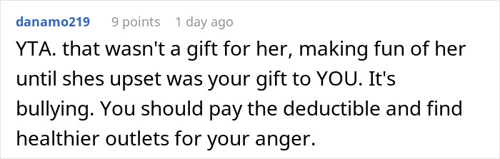 Comment criticizing a man for a gift-related incident causing his MIL's injury and hospital bill issue. Comment criticizing a man for a gift-related incident causing his MIL's injury and hospital bill issue.