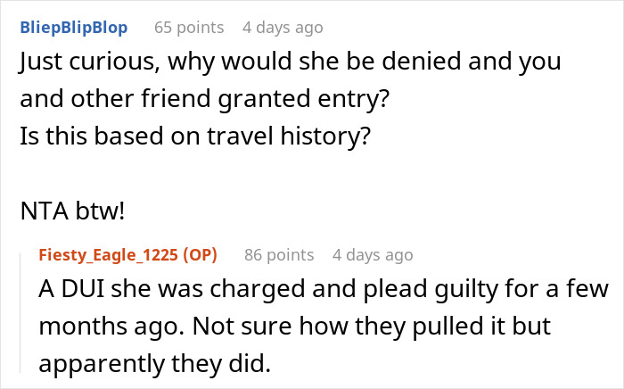 Text exchange discussing travel denial, DUI charge mentioned. Woman upset over friends not reimbursing her trip. Text exchange discussing travel denial, DUI charge mentioned. Woman upset over friends not reimbursing her trip.