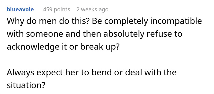 Comment questioning relationship issues; discussing incompatible partners and breakup concerns. Comment questioning relationship issues; discussing incompatible partners and breakup concerns.