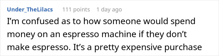 Comment discussing the cost of an espresso machine in a kitchen. Comment discussing the cost of an espresso machine in a kitchen.