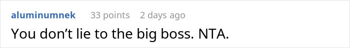 Reddit comment reading "You don&rsquo;t lie to the big boss. NTA." related to office mean girls.