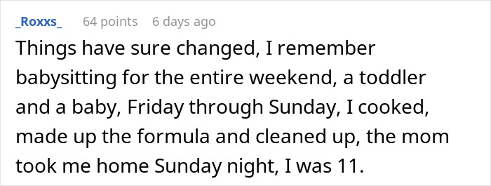Text from a user reminiscing about babysitting a toddler and baby for a weekend at age 11.