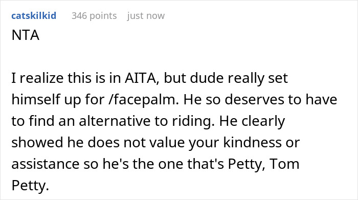 User discussing free rides and coworker's lack of appreciation in an online comment.
