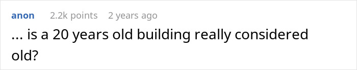 Reddit comment questioning if a 20-year-old building is considered old.