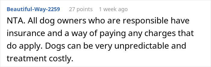 Comment about responsible dog owners having insurance for unexpected vet bills.