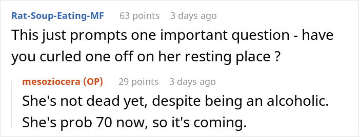 Reddit comment exchange about an aging alcoholic woman, related to work compliance. Reddit comment exchange about an aging alcoholic woman, related to work compliance.