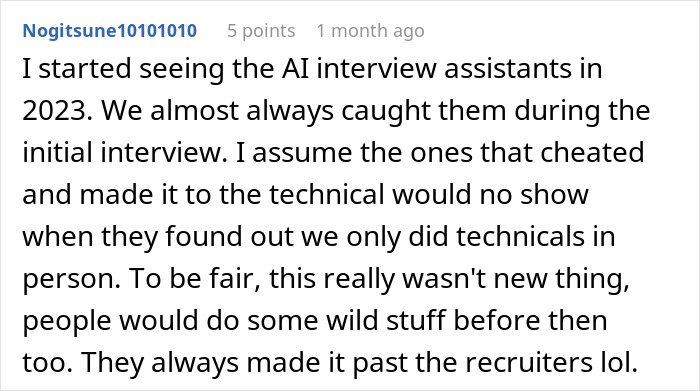 Text showing conversation about AI in interviews with recruiters catching candidates using it. Text showing conversation about AI in interviews with recruiters catching candidates using it.
