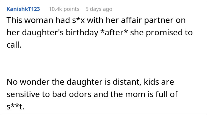 Text exchange about a woman's affair on daughter's birthday, questioning honesty and trust.