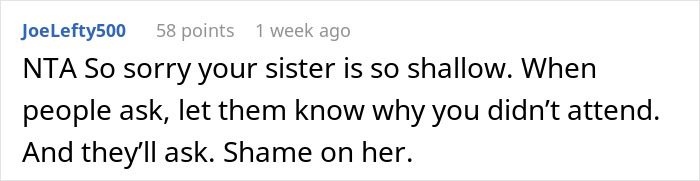 Reddit comment expressing sympathy for brother excluded from wedding party. Reddit comment expressing sympathy for brother excluded from wedding party.