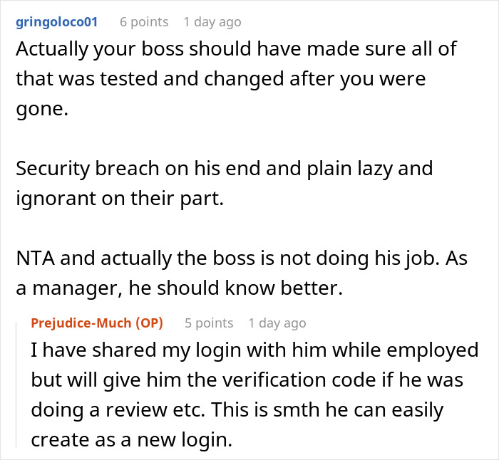 Comments discussing a boss's failure in handling two-factor authentication for a laid-off employee's login.