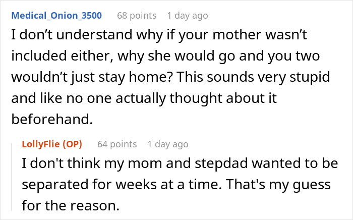 Comment exchange about family decisions involving mom and stepdad in a parent-state-stepsiblings context. Comment exchange about family decisions involving mom and stepdad in a parent-state-stepsiblings context.
