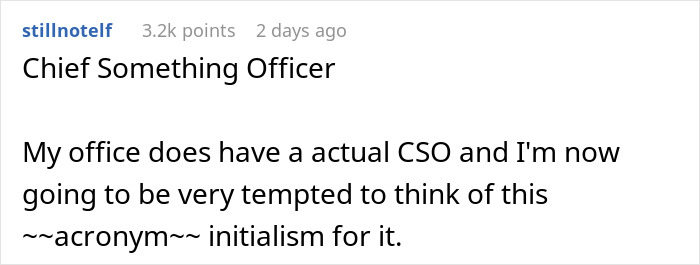 Text on a forum about a "Chief Something Officer" jokingly discussing a CSO acronym, with humor about work rules.