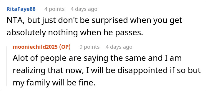 Reddit comments discussing family drama about real family and inheritance.