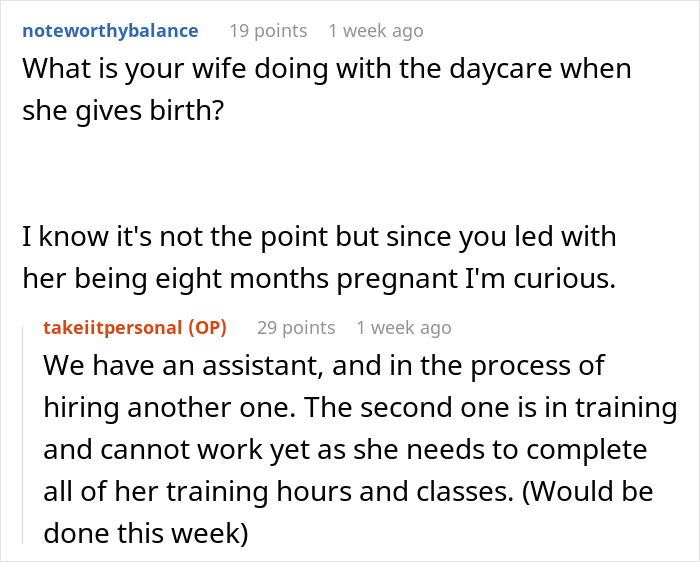 A discussion about pregnant wife childcare solutions involving daycare staffing and training plans.