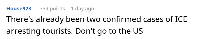 Text exchange discussing ICE arrests of tourists and advice against traveling to the U.S. due to issues with tariffs.