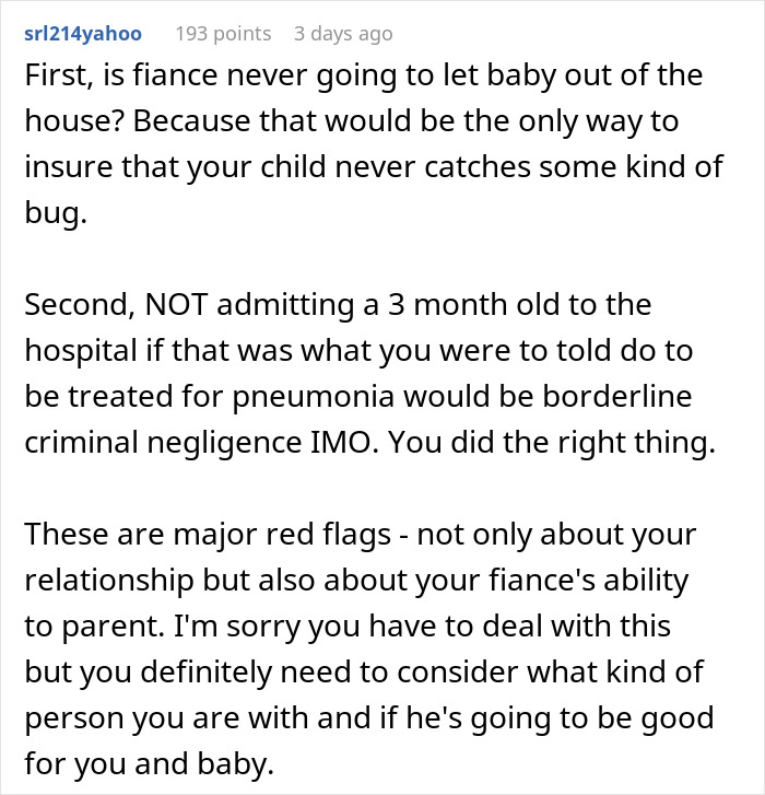 Reddit comment discussing a dad blaming his fiance for their newborn's pneumonia.
