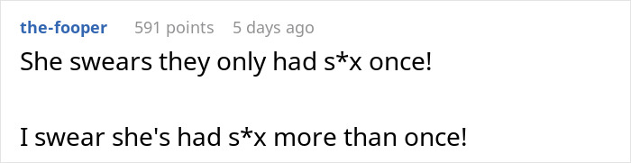 Comment text questioning the truthfulness of a story about a hickey after work retreat.