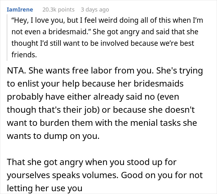 Text exchange about refusing to help with a wedding due to not being a bridesmaid, highlighting boundaries and friendship. Text exchange about refusing to help with a wedding due to not being a bridesmaid, highlighting boundaries and friendship.
