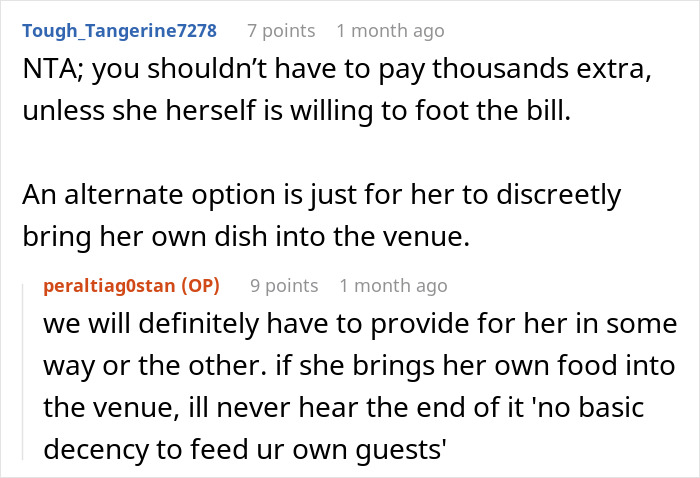 Screenshot of a Reddit discussion about a vegan&rsquo;s request for $1,500 wedding menu changes being denied.