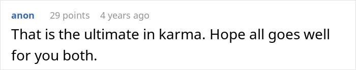 Reddit user comments on relationship karma, supporting a couple's happy ending.