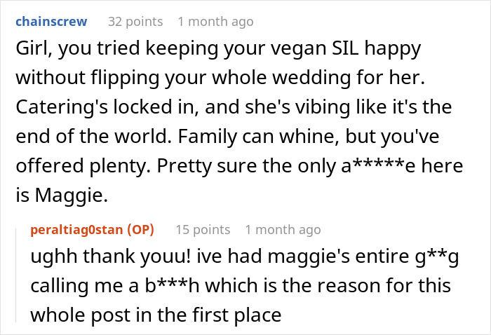 Screenshot of a Reddit comment about a vegan sister-in-law's demands causing wedding menu issues.
