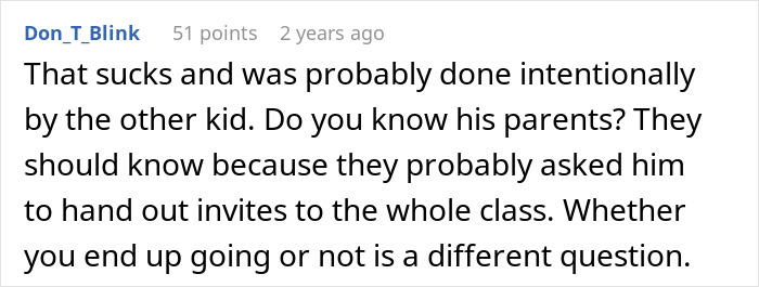 Reddit comment discussing a child excluded from a birthday party, suggesting intentional exclusion.