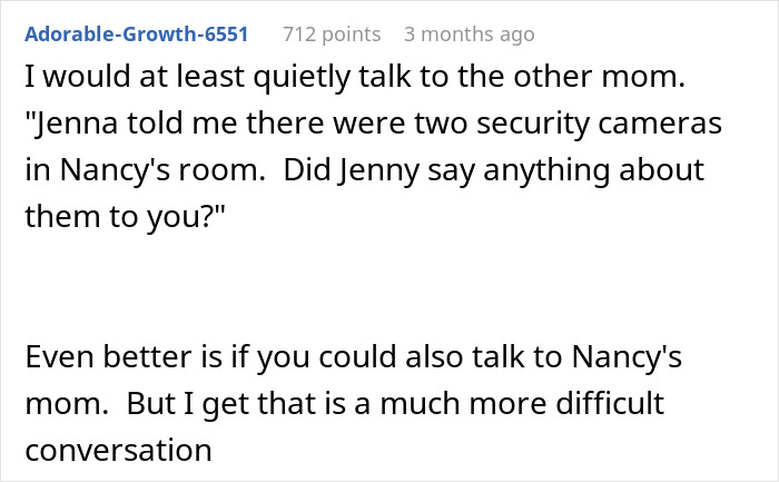 Text conversation about cameras found in a sleepover room, discussing parent communication strategies. Text conversation about cameras found in a sleepover room, discussing parent communication strategies.