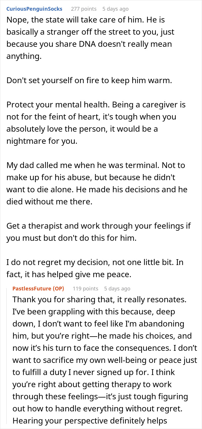 Text discussing a father who left family years ago, now dying and seeking care; focuses on mental health and personal decisions.