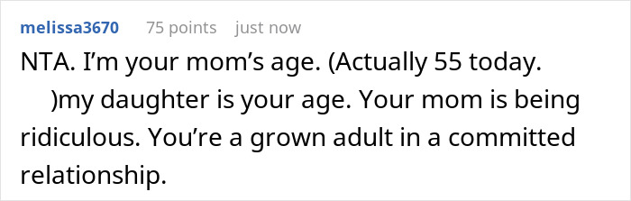 Text comment discussing a mother's intrusion on her son's private moment with his girlfriend. Text comment discussing a mother's intrusion on her son's private moment with his girlfriend.