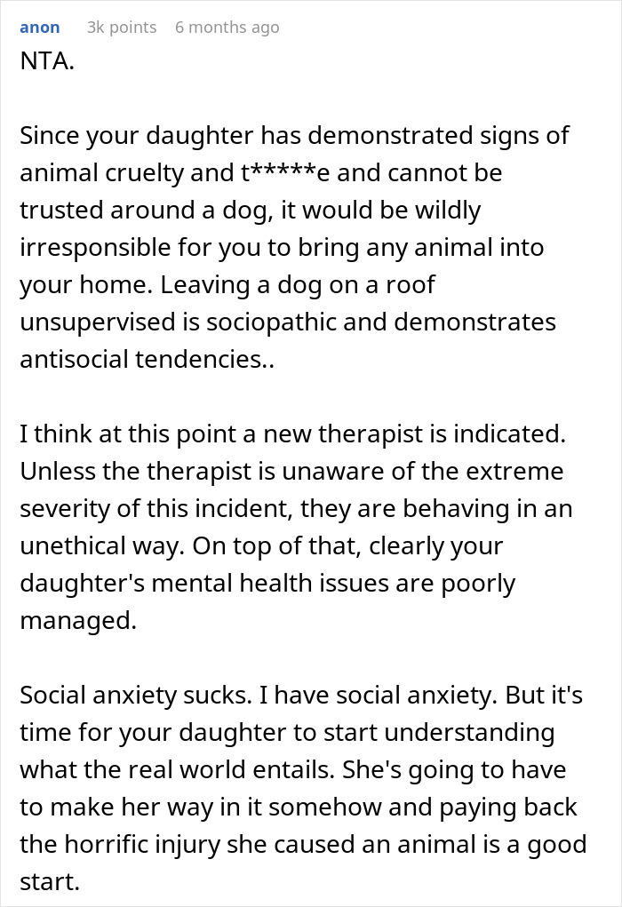 Reddit comment criticizing a teen for animal cruelty, suggesting mental health support and understanding of real world consequences.