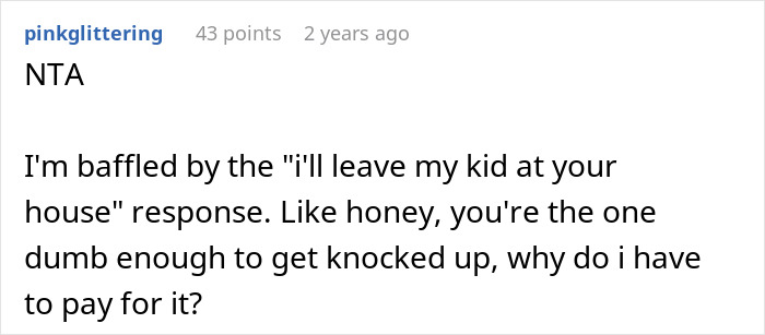 Reddit comment discussing refusal to babysit, expressing disbelief at being threatened with a baby drop-off. Reddit comment discussing refusal to babysit, expressing disbelief at being threatened with a baby drop-off.