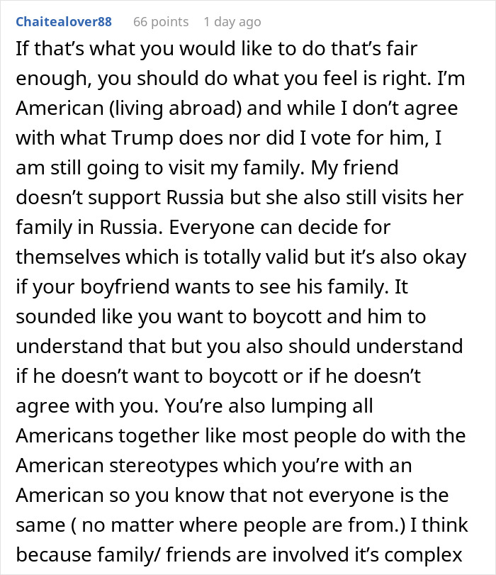Text comment discussing visiting American family despite differing political views and stereotypes.