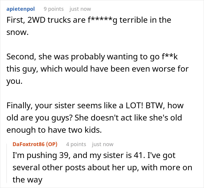 Text exchange discussing sister's behavior and age; mentions issues with 2WD trucks in snow.