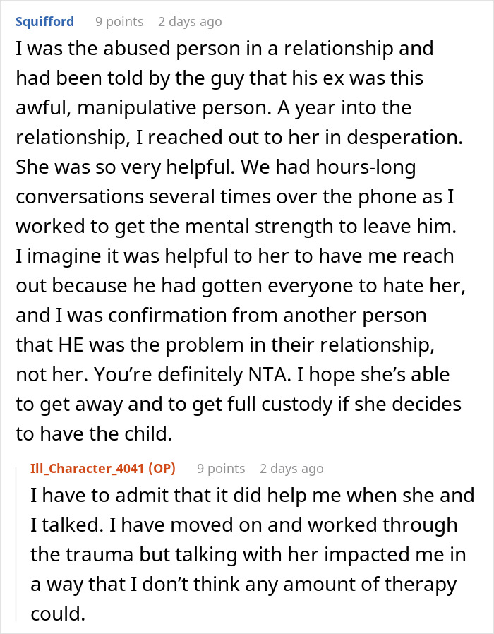Reddit comment on woman warning ex&rsquo;s wife about his criminal record, discussing past abuse experiences.