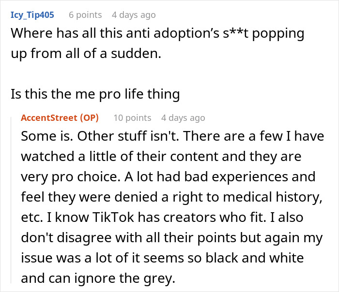 Text exchange discussing anti-adoption views, medical history rights, and pro-life topics on a digital platform.