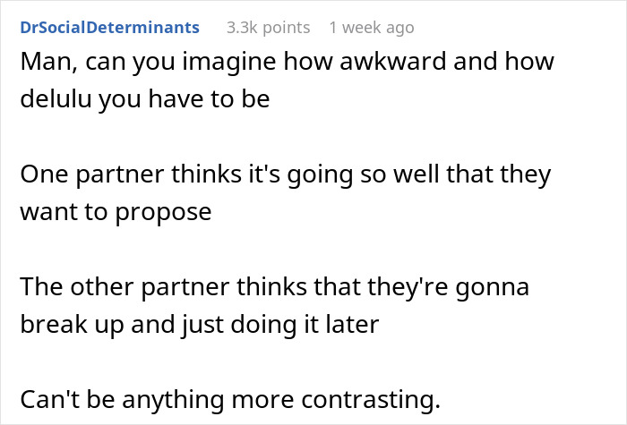 Text screenshot discussing the awkwardness of a proposal mismatch between partners.
