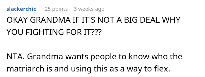 Comment on bride's request about grandmother not wearing white to wedding.