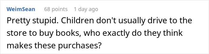 Comment discussing bookstore age policy and book purchases.
