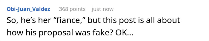 Comment questioning a fake proposal during a prank at a family gathering.