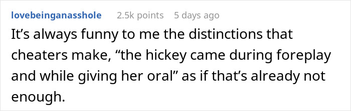 Reddit comment on distinctions cheaters make about hickeys.