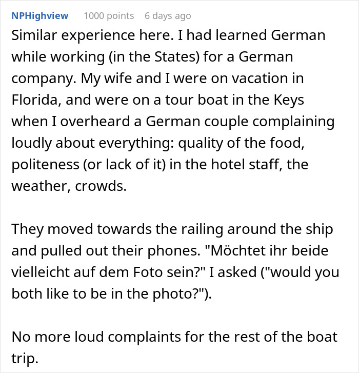 Text conversation on Reddit about a German couple's complaints and a clever response on a boat trip.