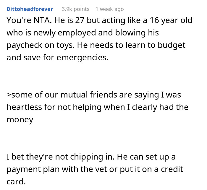 Text conversation discussing BF blowing paychecks on toys, GF refuses to pay dog's vet bill, suggesting budgeting.