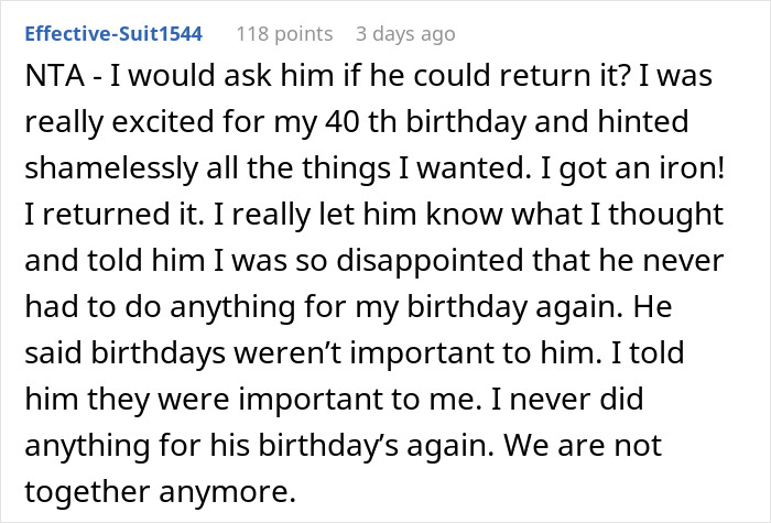 A text exchange about a husband gifting a vacuum to his wife, leading to disappointment and relationship issues.