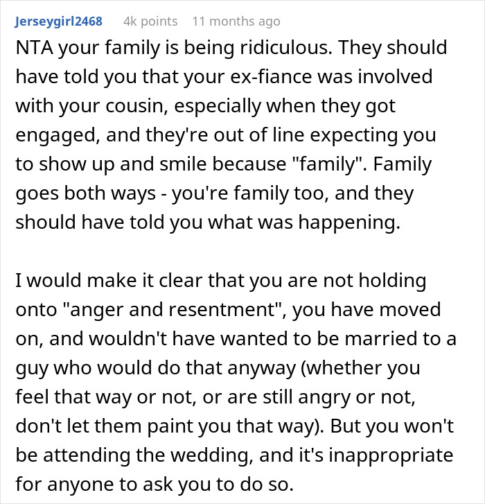 Reddit comment addressing family dynamics about a guy marrying his ex-girlfriend's cousin.