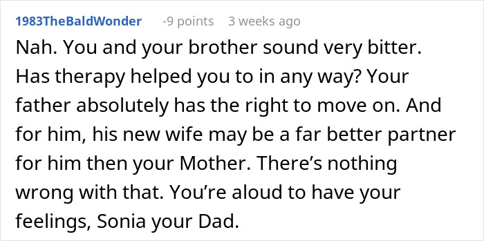 Online discussion on family dynamics and honoring mom's passing anniversary, featuring a comment on therapy and moving on. Online discussion on family dynamics and honoring mom's passing anniversary, featuring a comment on therapy and moving on.