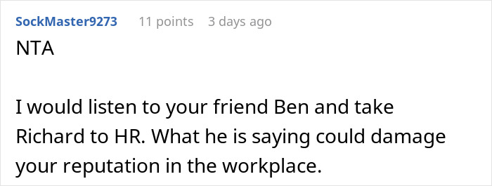 Reddit comment discussing workplace concern, referencing friend Ben and advice to contact HR.